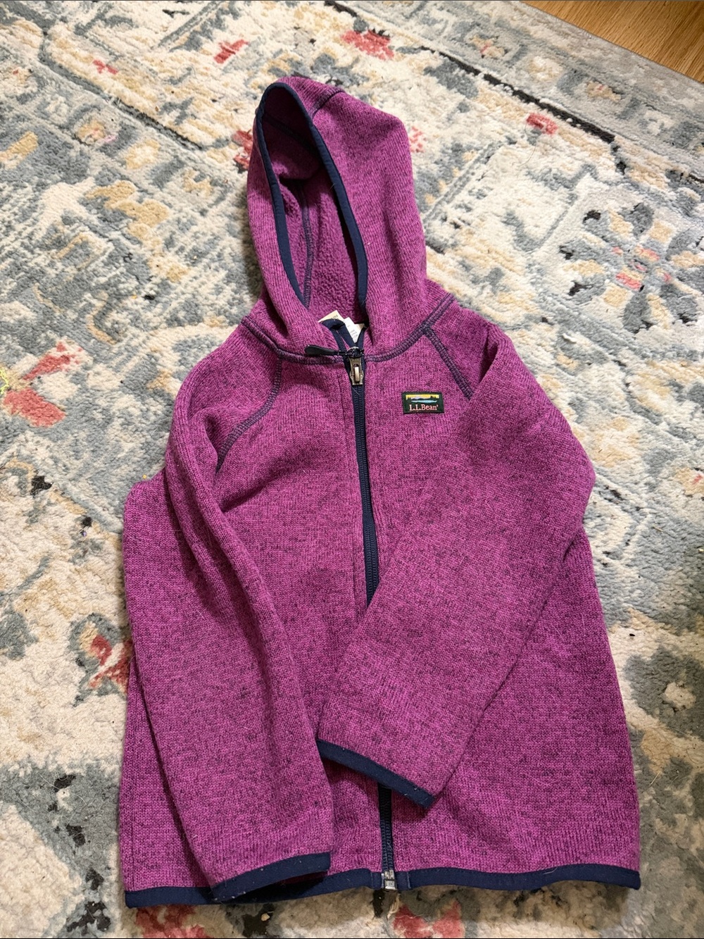 L.L. Bean Kids' Heathered Magenta Hooded Zip Jacket with Navy Trim
